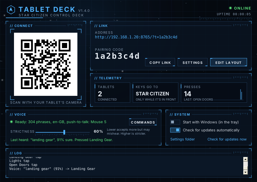 The Tablet Deck window on the PC: QR code, pairing code, telemetry, voice status and a log