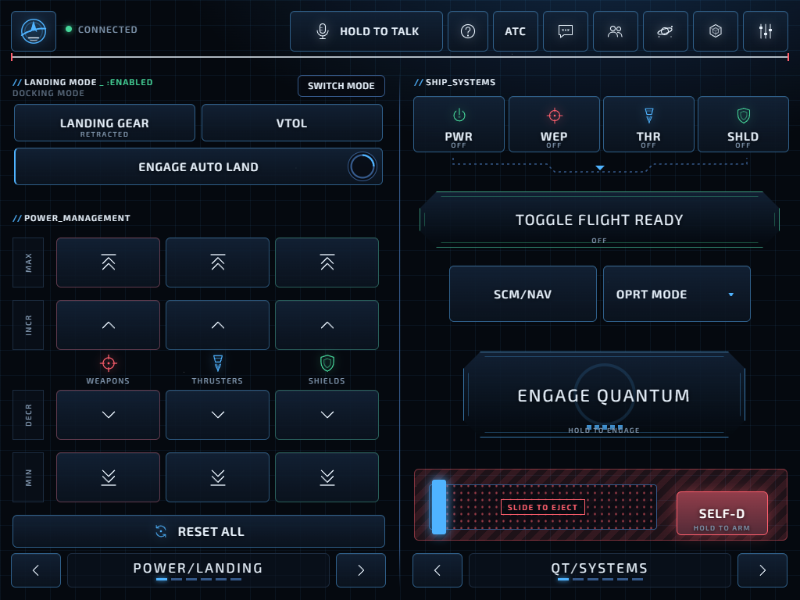 The deck in action: landing gear, shields, flight ready and a quantum charge, then switching to the Drake theme